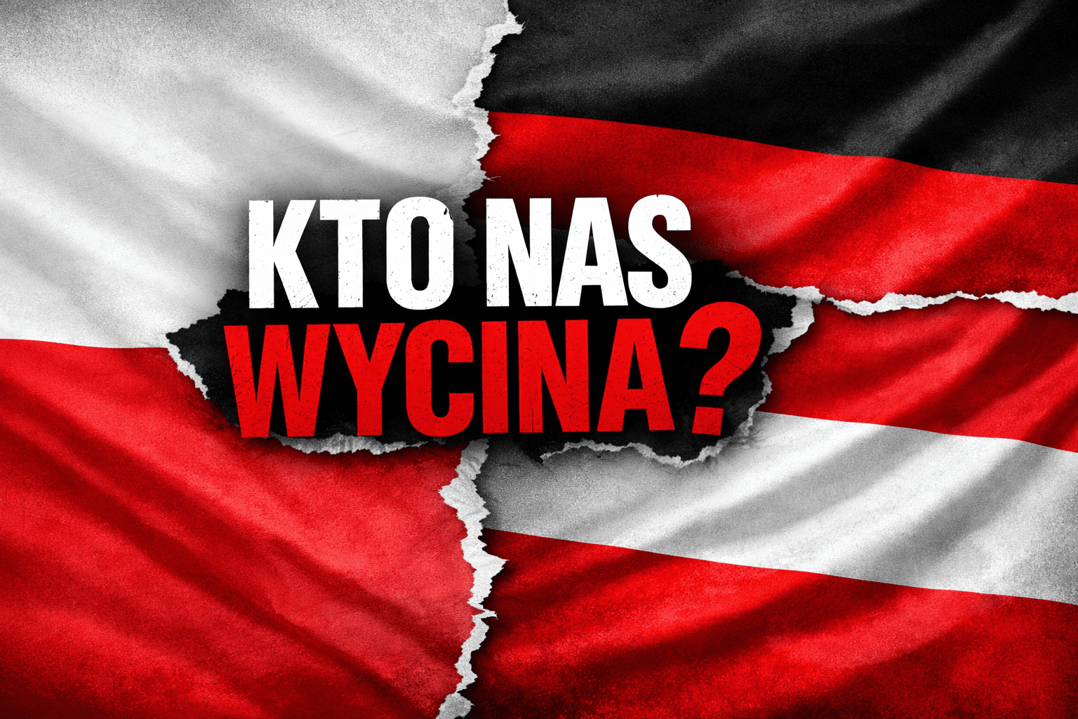 Grafika 16:9 przedstawiająca flagę Polski rozdzieloną efektownym pęknięciem od flag Niemiec i Austrii, z dużym napisem „KTO NAS WYCINA?” na środku.