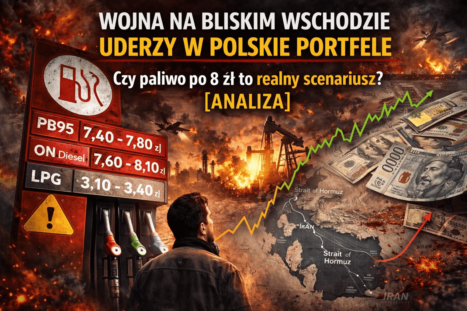 Ceny paliw na stacji benzynowej w Polsce, flaga Iranu i Izraela w tle, baryłka ropy, kryzys energetyczny 2026